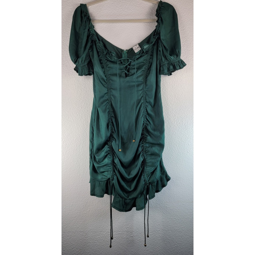 Angel Biba Green Ruched Lace Up Puff Sleeve Cottagecore Goth Witchy  Fairycore M